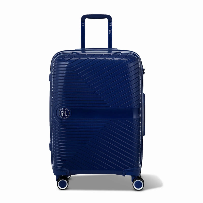 GYL Signature marine cabin suitcase in polypropylene front view, with deployed trolley and 360° double wheels #marine_color