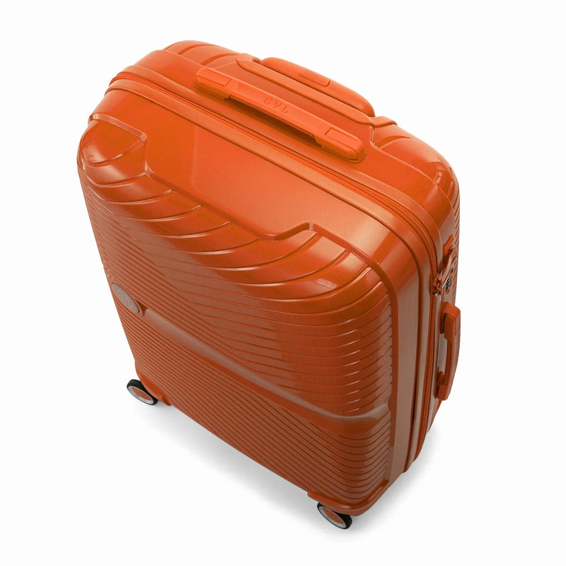 Orange GYL Signature cabin suitcase viewed from above diagonally, showing the top handle and ribbed structure. #color_orange