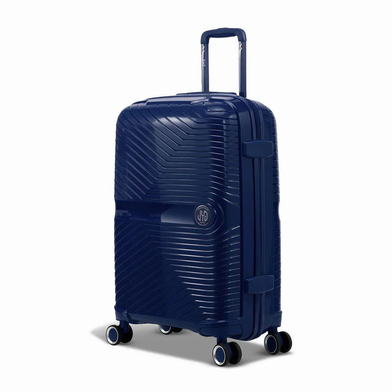 Valise moyenne GYL Signature marine en polypropylène vue de trois quarts, avec trolley déployé et roues doubles 360° #couleur_marine