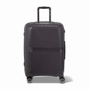 Valise moyenne GYL Signature argent en polypropylène vue de face, avec trolley déployé et roues doubles 360° #couleur_argent