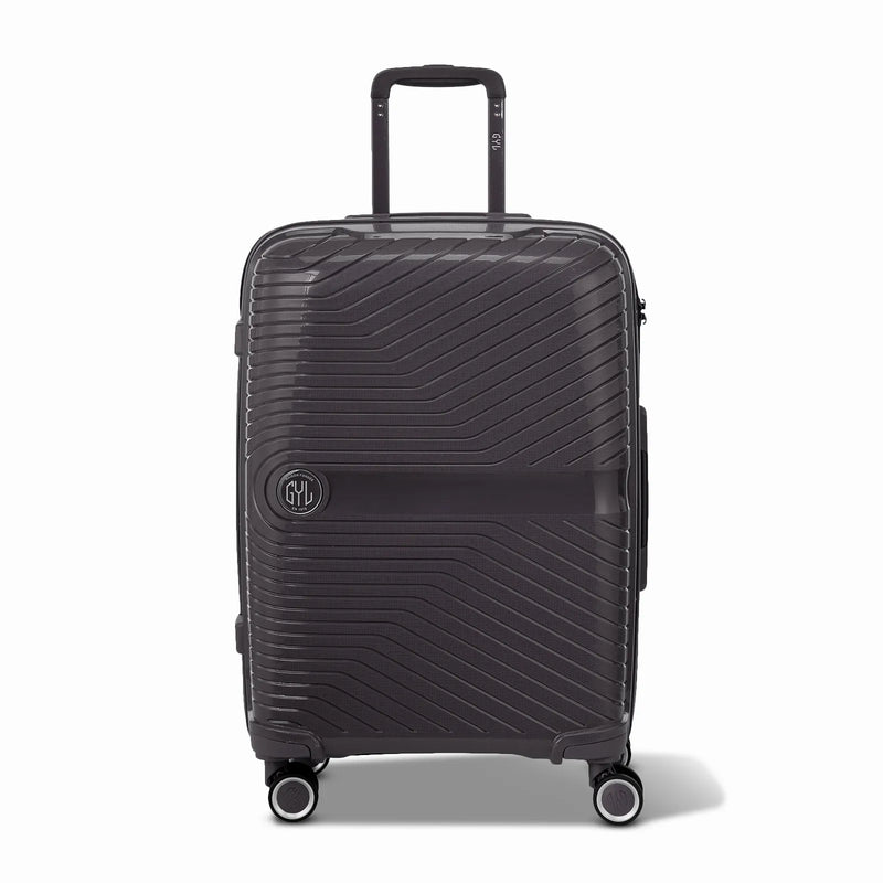 Valise moyenne GYL Signature argent en polypropylène vue de face, avec trolley déployé et roues doubles 360° #couleur_argent