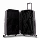 Intérieur de la valise moyenne GYL Signature argent, avec sangles croisées et séparateur zippé en tissu. #couleur_argent