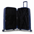 Intérieur de la valise moyenne GYL Signature marine, avec sangles croisées et séparateur zippé en tissu.  #couleur_marine