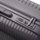 Detail of the integrated TSA lock and sliders on the silver Signature suitcase. #silver_color