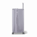 Lateral de la maleta baúl GYL XL plateada con cerradura TSA integrada y asa lateral a juego. #color_plata