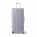 Valise trunk GYL taille XL en polycarbonate argent vue de face, avec trolley déployé et roues 360°. #couleur_argent