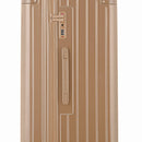 Detalle de la cerradura TSA y del asa lateral de la maleta baúl champagne. #color_champán