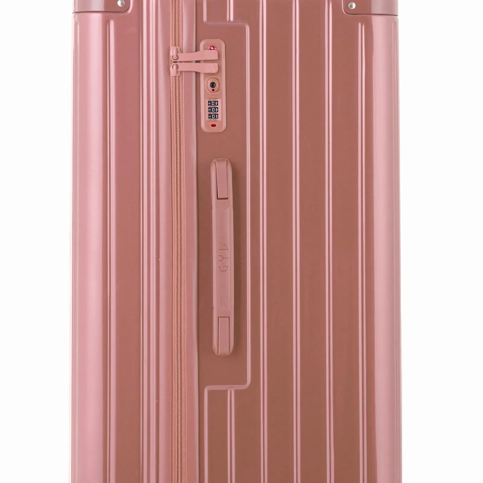 Détail de la serrure TSA et de la poignée latérale sur la valise trunk rose gold. #couleur_rose gold