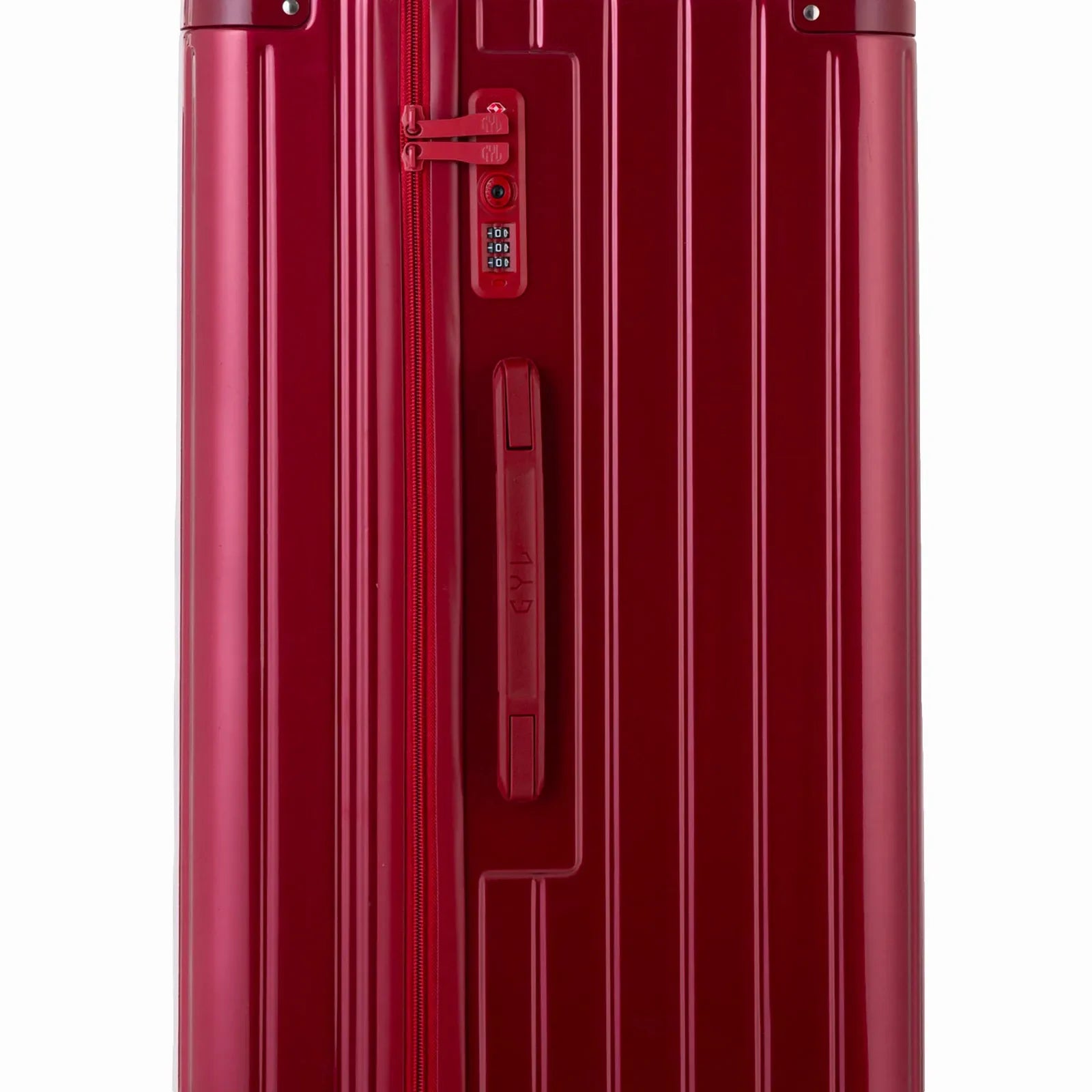 Détail de la serrure TSA et de la poignée latérale sur la valise trunk rouge foncé. #couleur_rouge foncé
