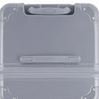 Vue du dessus de la valise trunk GYL argent en polycarbonate, avec poignée centrale et coins renforcés. #couleur_argent