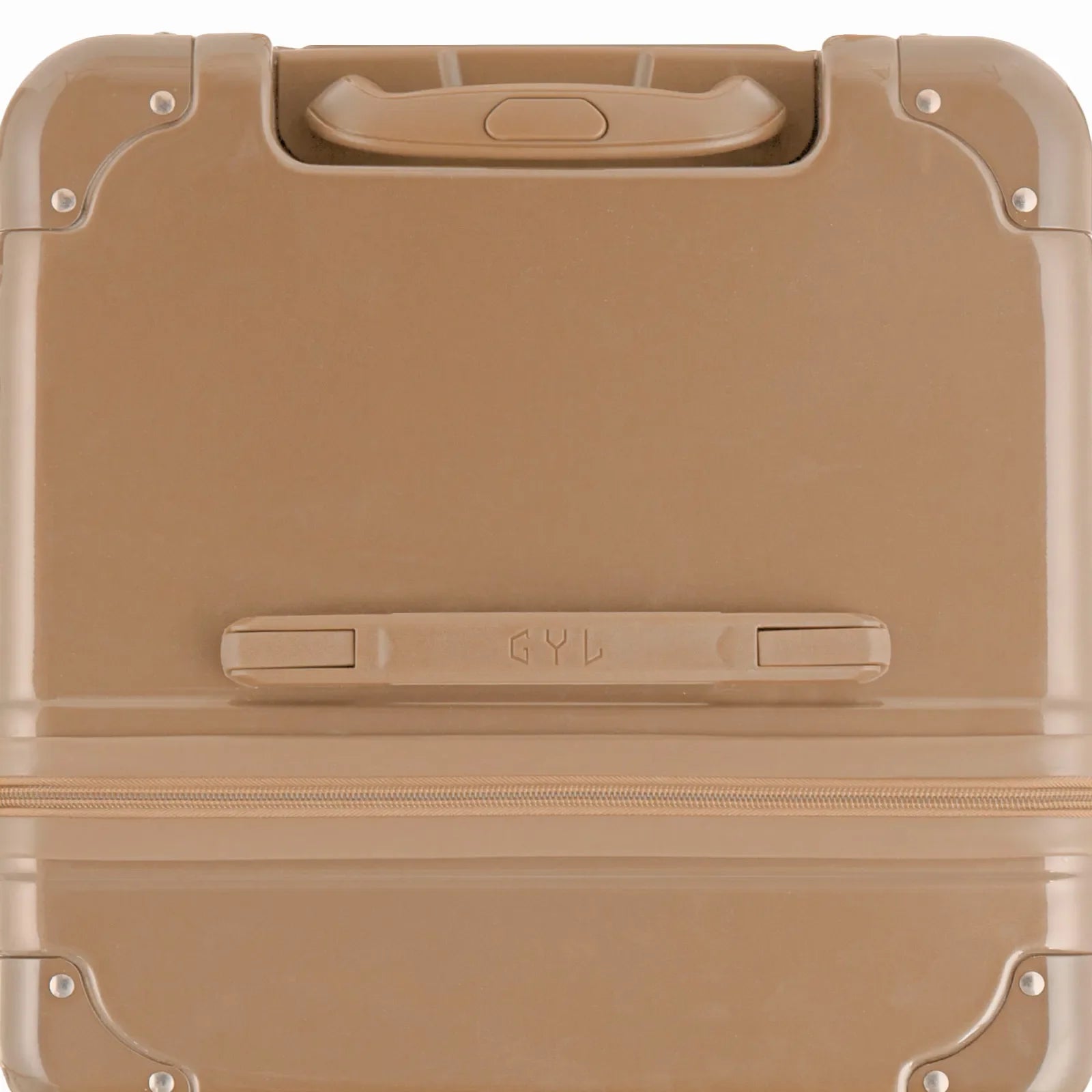 Vue du dessus de la valise trunk GYL champagne en polycarbonate, avec poignée centrale et coins renforcés. #couleur_champagne