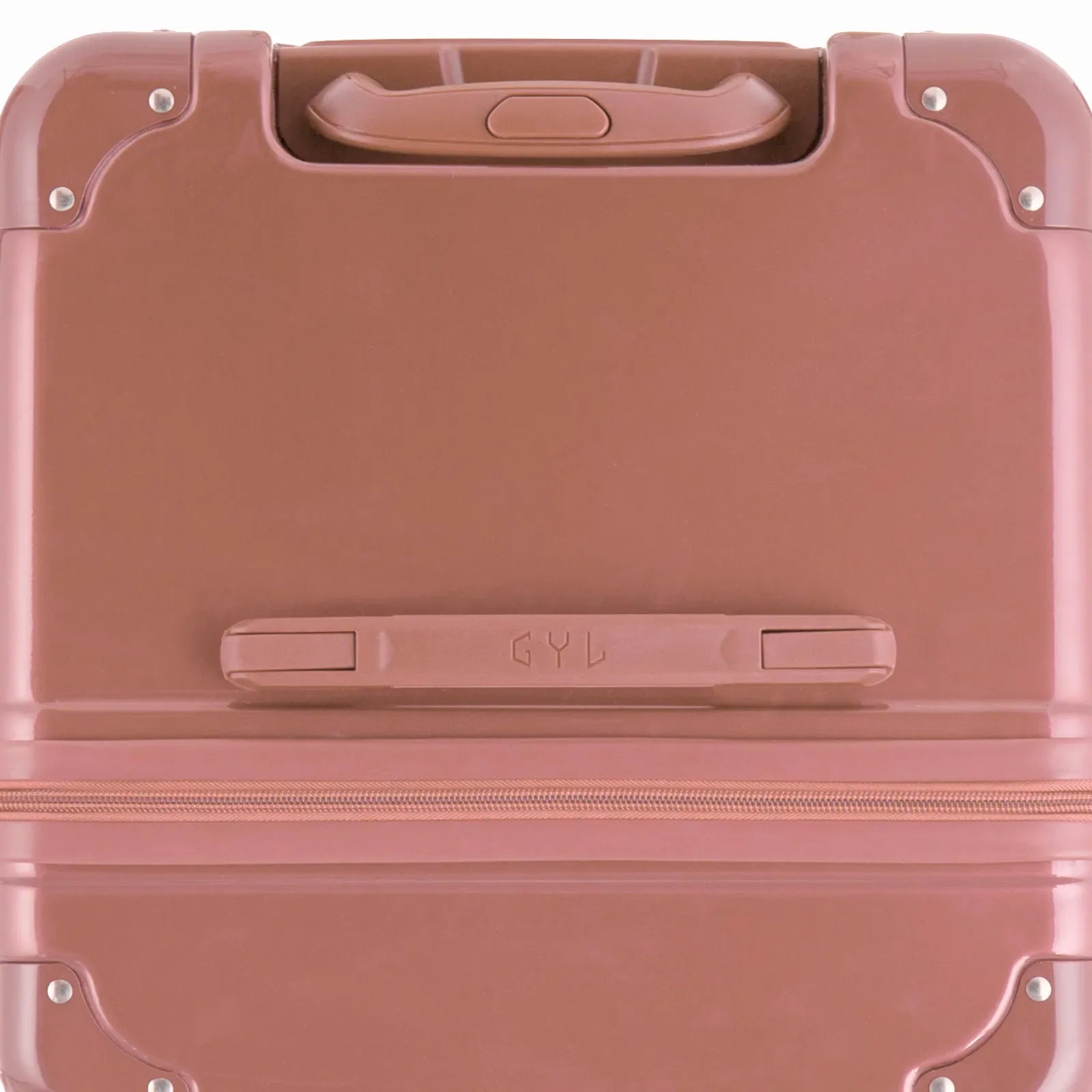 Vue du dessus de la valise trunk GYL rose gold en polycarbonate, avec poignée centrale et coins renforcés. #couleur_rose gold