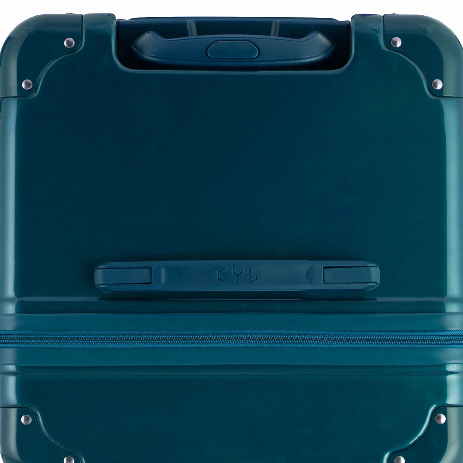 Vue du dessus de la valise trunk GYL sapin en polycarbonate, avec poignée centrale et coins renforcés. #couleur_sapin