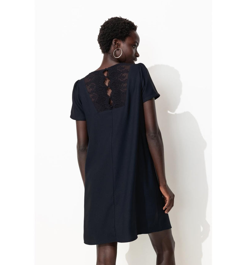 Robe Courte Détail Dentelle - Bleu Uni Fonce