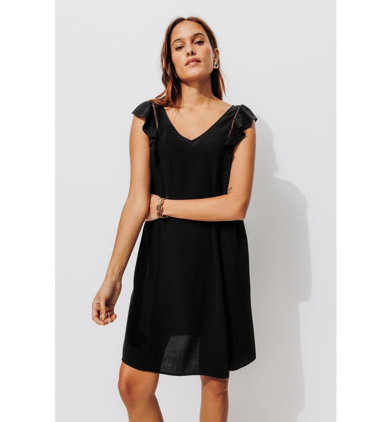 Robe Courte Évasée Femme - Noir Uni Fonce