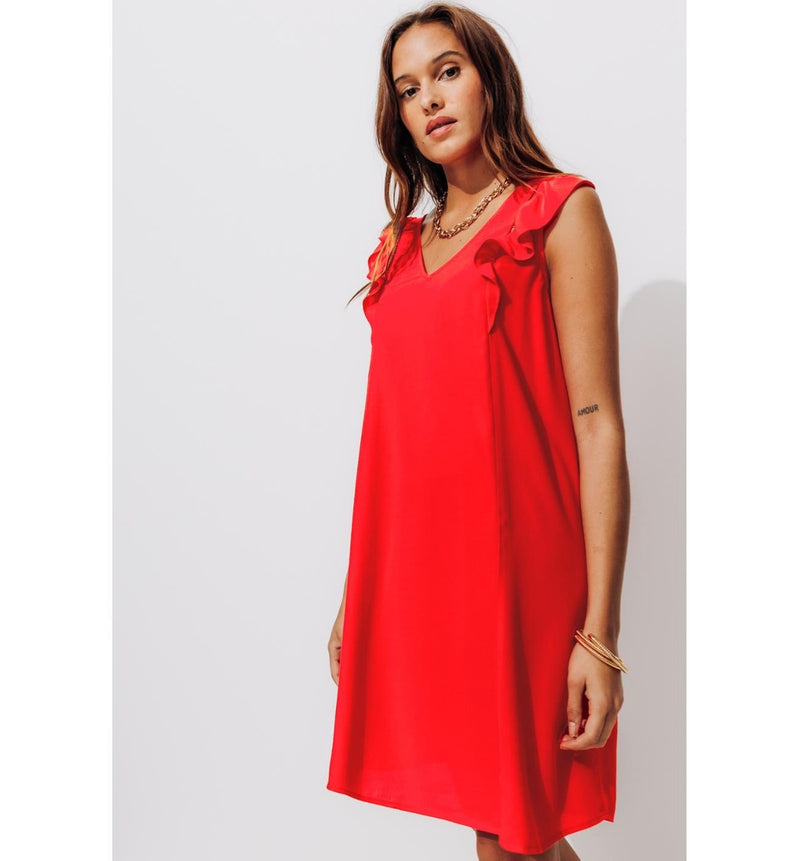 Robe Courte Évasée Femme - Rouge Uni Colore