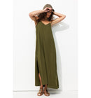 Robe Longue à Bretelles Femme - Kaki Uni Fonce