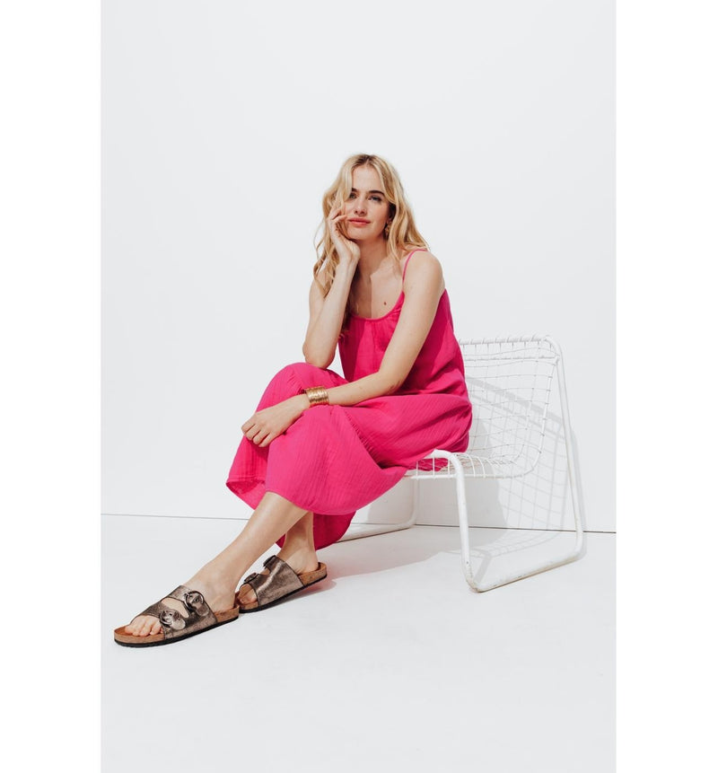 Robe Évasée en Gaze de Coton - Rose Uni Colore