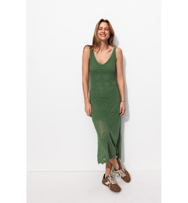 Robe Longue en Maille Filet - Kaki Uni Clair