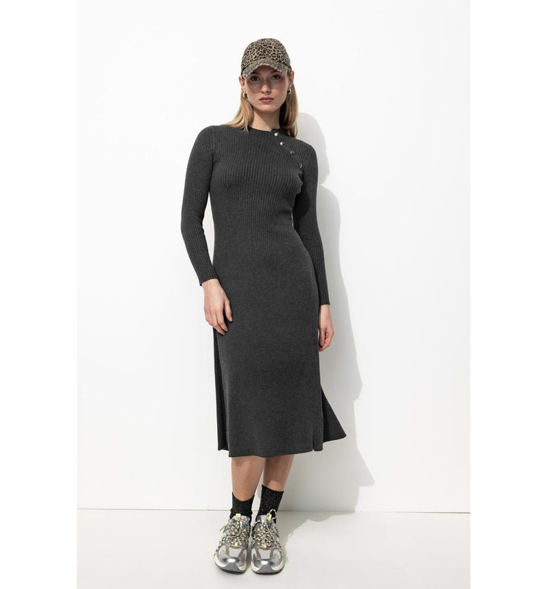 Robe Longue Côtelée Femme - Gris Uni Fonce