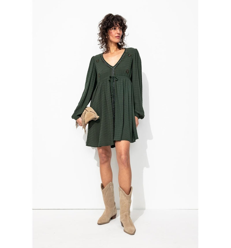 Robe Courte Brodée Femme - Vert Uni Colore