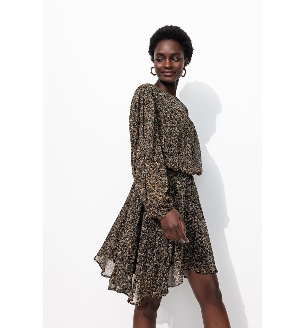Vestido Corto De Voile Floral - Estampado Negro