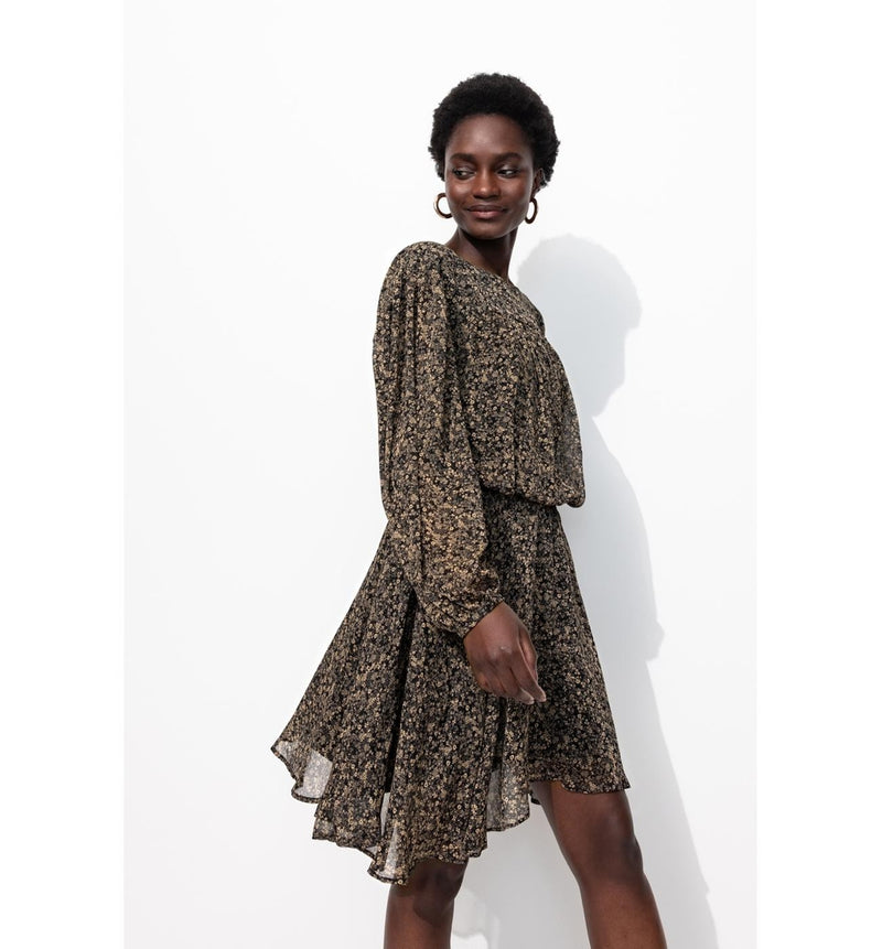 Robe Courte en Voile Fleuri - Noir Imprime