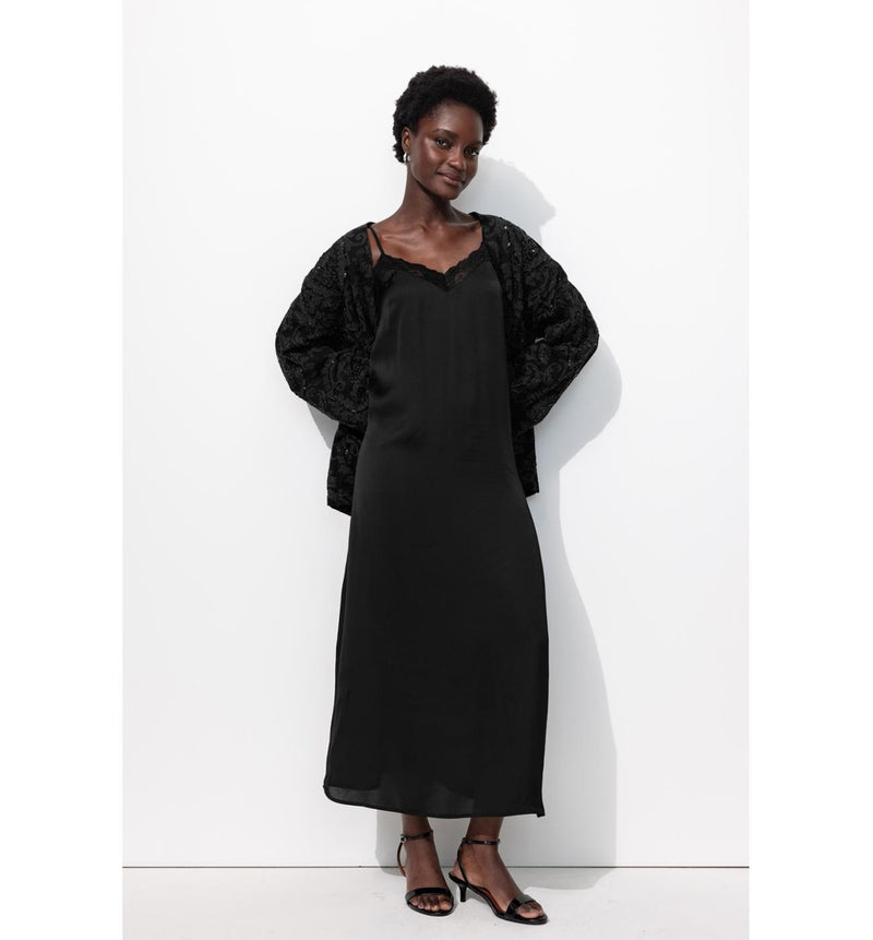 Robe Longue en Satin Femme - Noir Uni Fonce