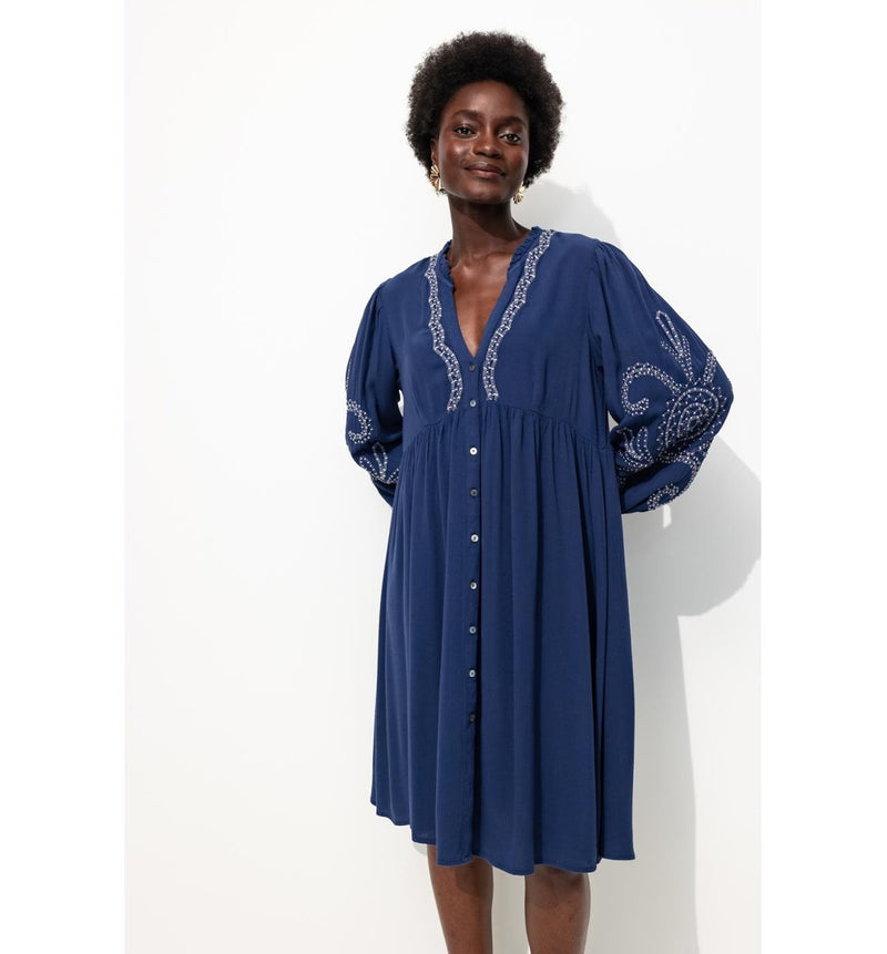 Robe Courte Brodée Femme - Bleu Uni Fonce