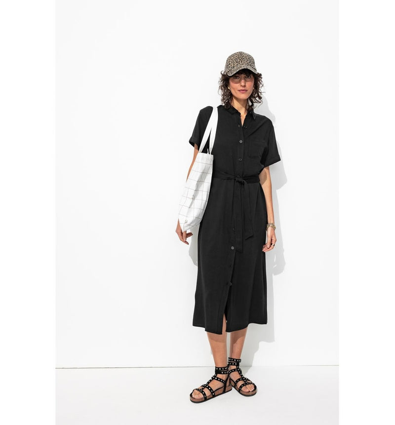 Robe-chemise Mi-longue Femme - Noir Uni Fonce
