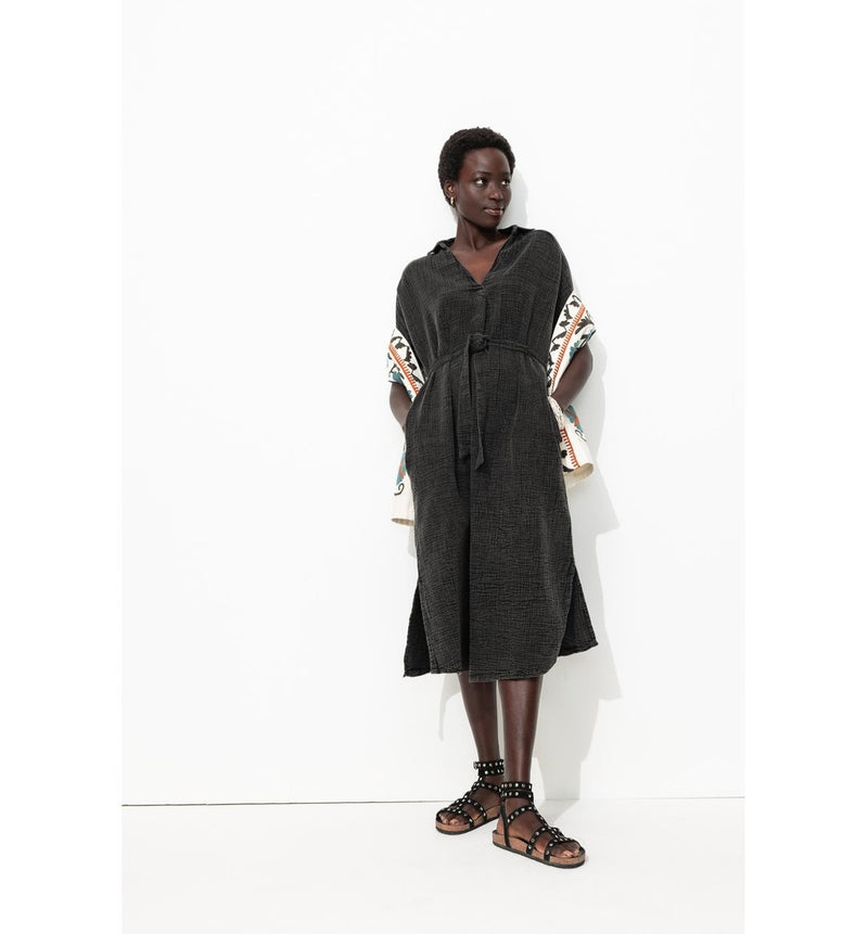 Robe Midi en Gaze de Coton - Gris Uni Fonce