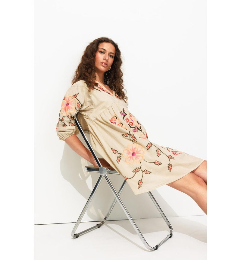Robe Courte Brodée Femme - Naturel Uni Clair