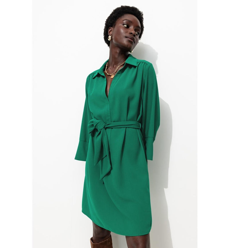 Robe Courte Ceinturée Femme - Vert Uni Colore