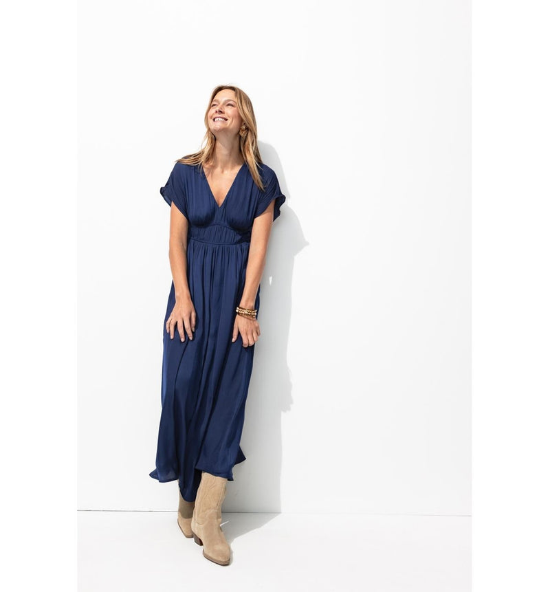 Robe Longue en Satin Uni Femme - Bleu Uni Fonce