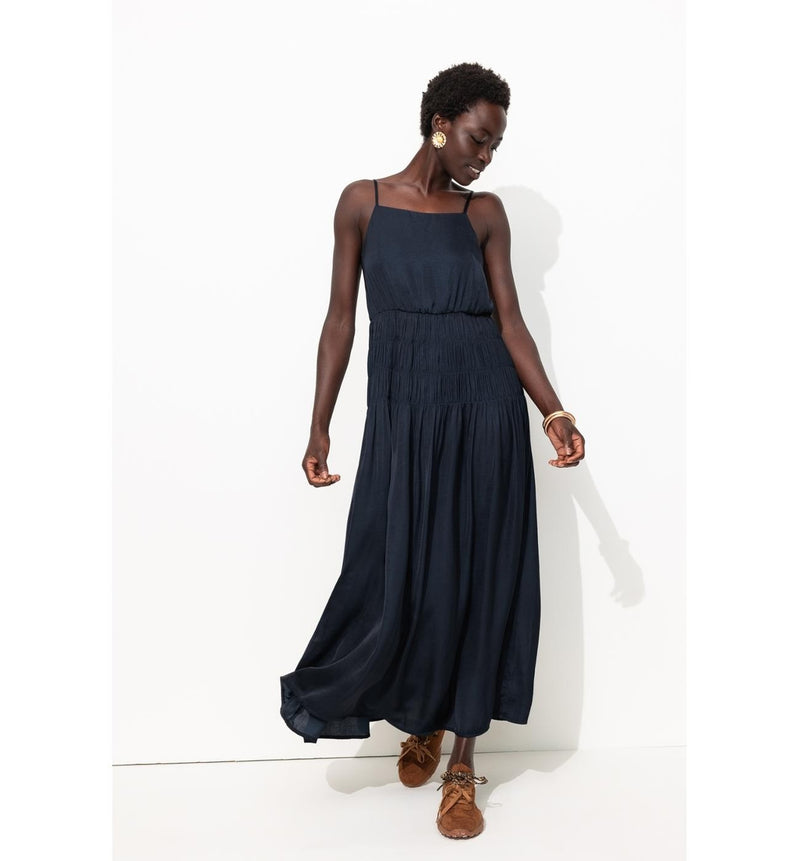 Robe à Bretelles en Satin - Bleu Uni Fonce