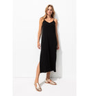 Robe Longue à Fines Bretelles - Noir Uni Fonce