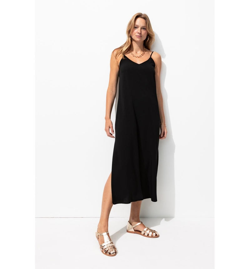 Robe Longue à Fines Bretelles - Noir Uni Fonce