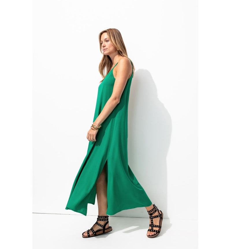 Robe Longue à Fines Bretelles - Vert Uni Colore