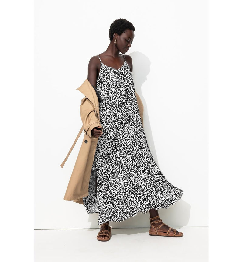 Robe Longue à Fines Bretelles - Noir Imprime