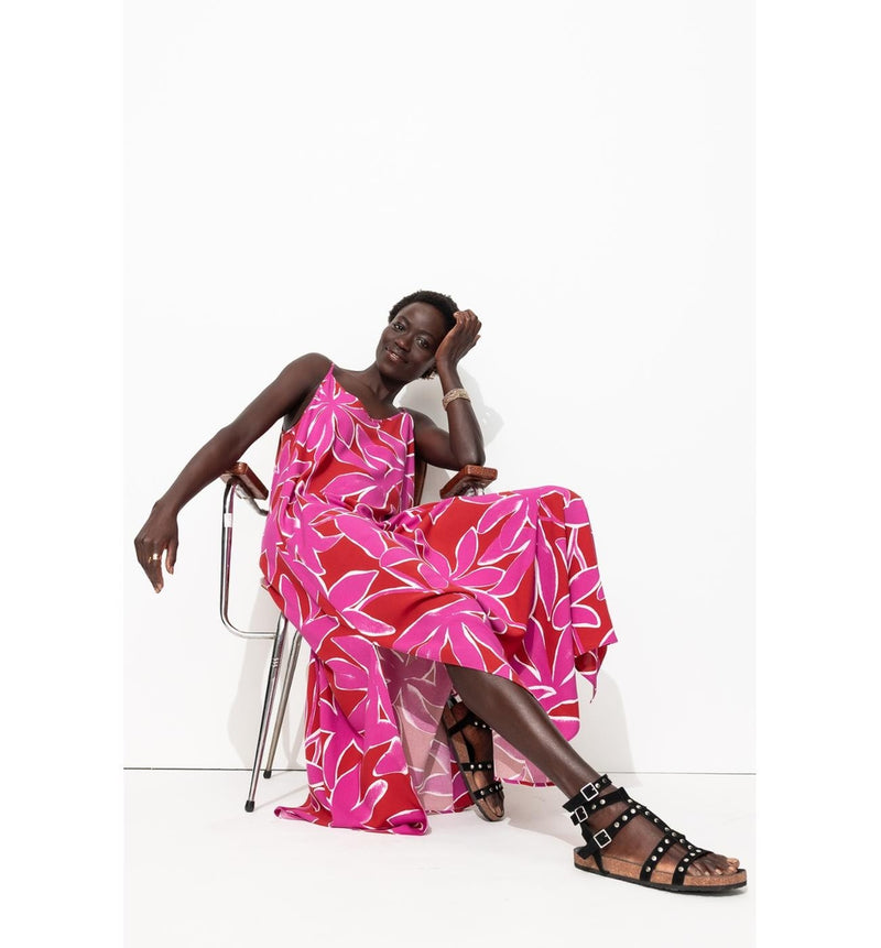 Robe Longue à Fines Bretelles - Rouge Imprime