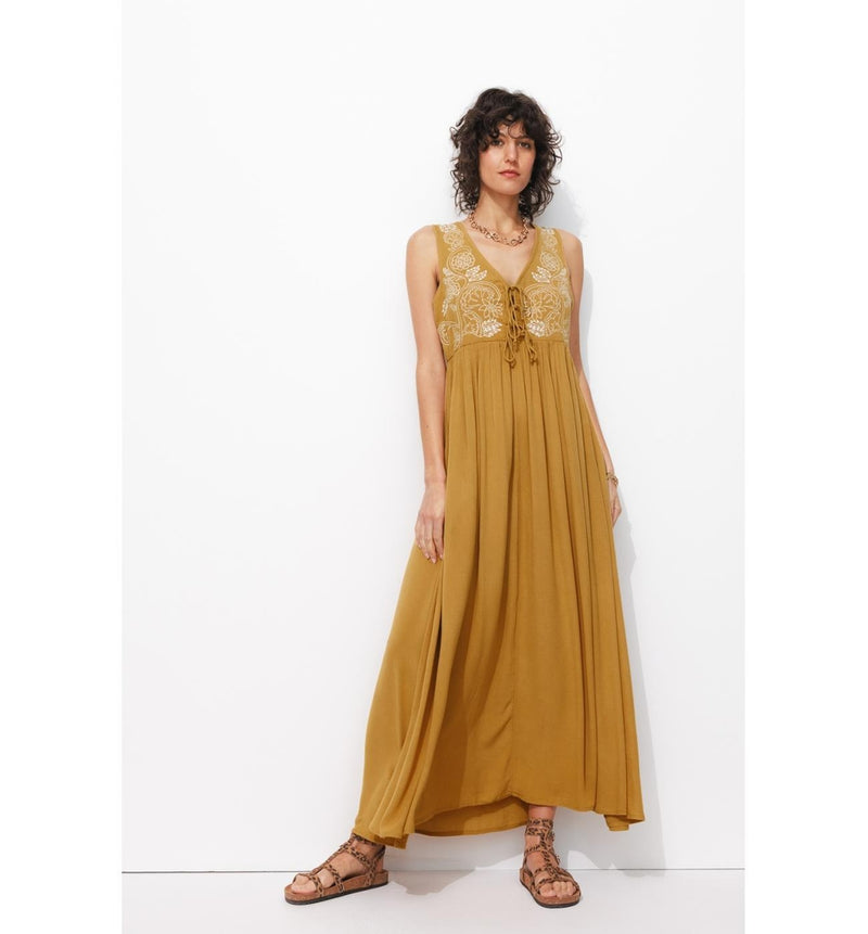 Robe Longue Brodée Femme - Marron Uni Fonce