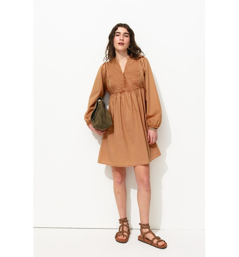 Robe Brodée en Coton Femme - Rose Uni Colore