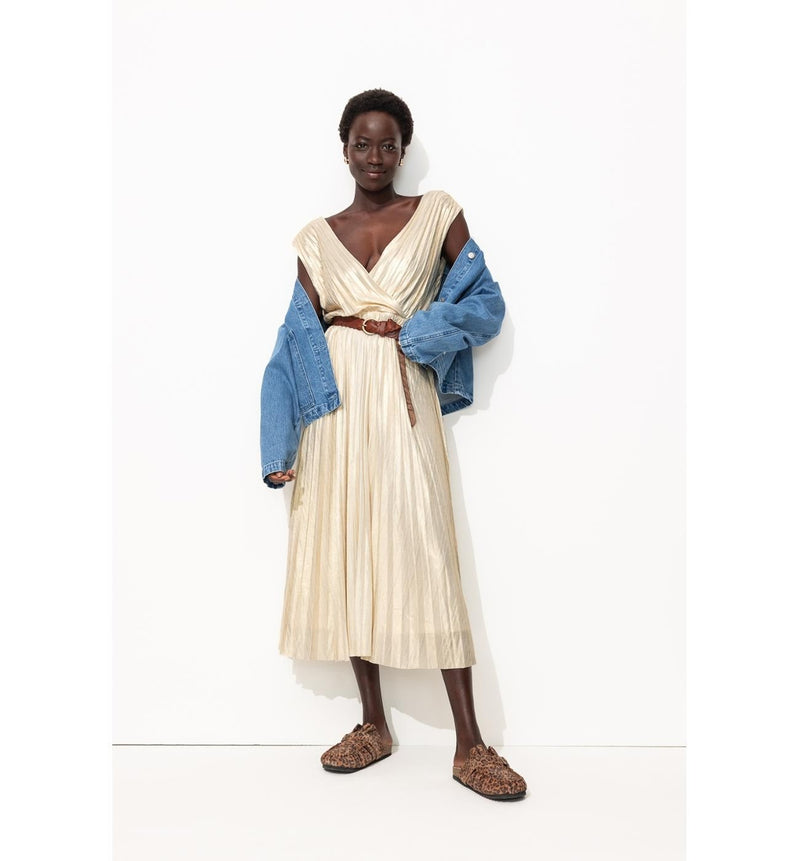 Robe Midi Plissée Lamée Femme - Naturel Uni Clair