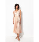 Robe Midi Plissée Lamée Femme - Rose Uni Colore