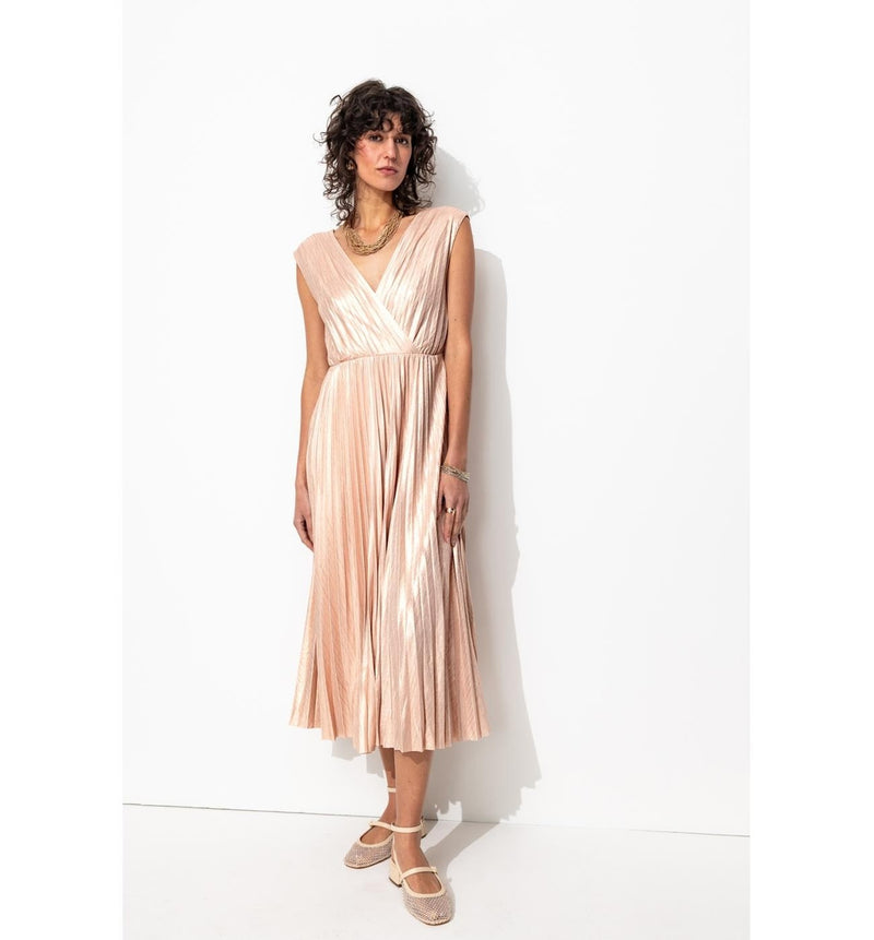 Robe Midi Plissée Lamée Femme - Rose Uni Colore