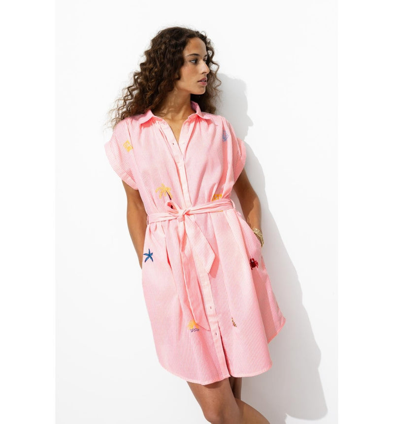 Robe-chemise Rayée Brodée - Rose Raye
