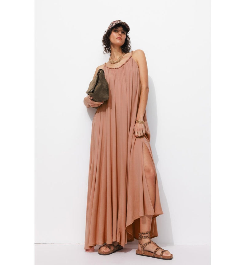 Robe Longue à Bretelles Femme - Rose Uni Colore