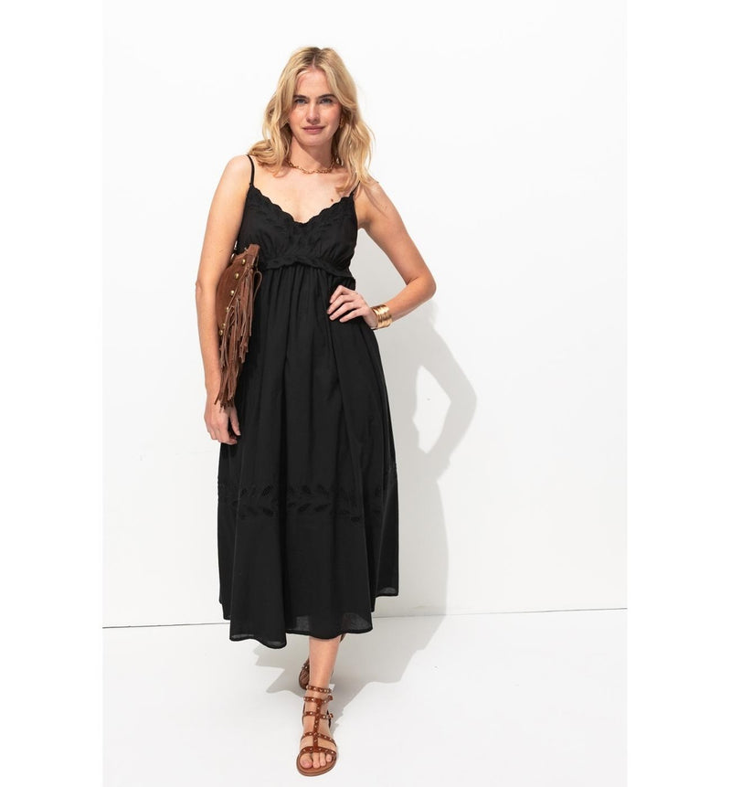 Robe Brodée à Fines Bretelles - Noir Uni Fonce