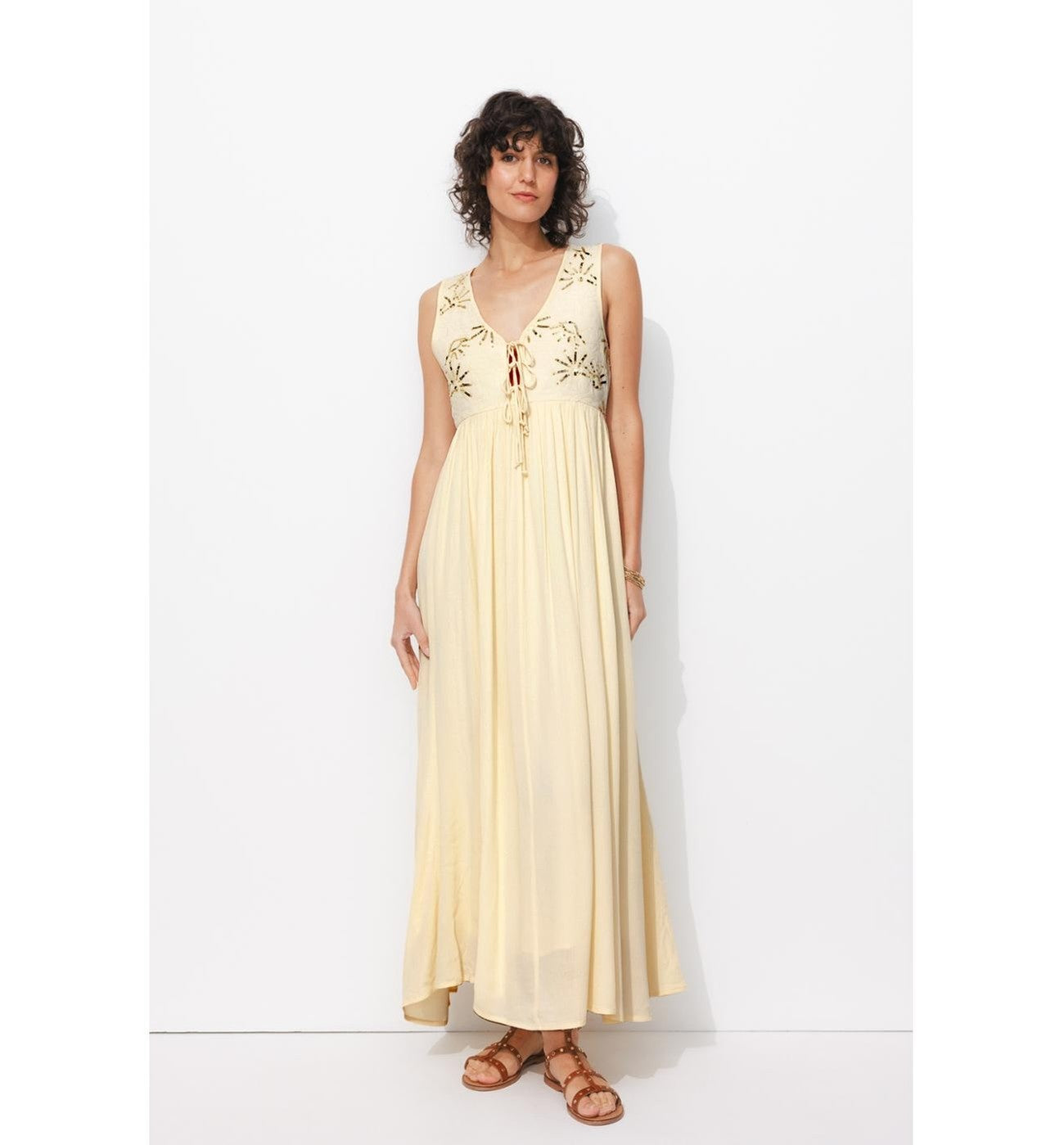 Mujer Vestido bordado Lentejuelas, Un Color, Color Natural Claro