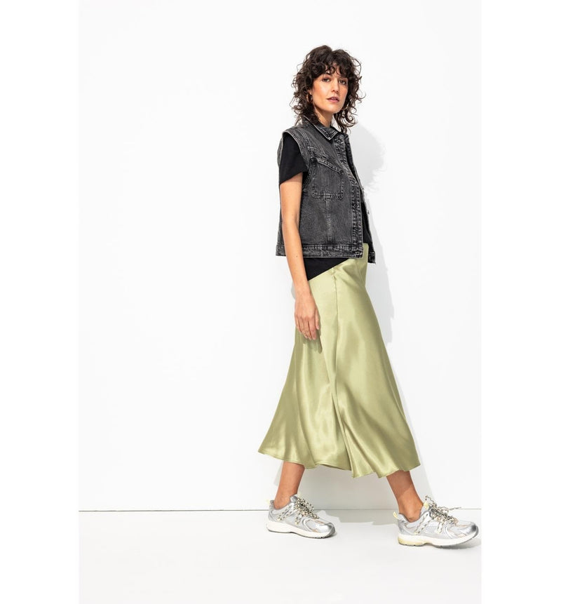 Jupe Mi-longue en Satin Uni - Vert Uni Colore